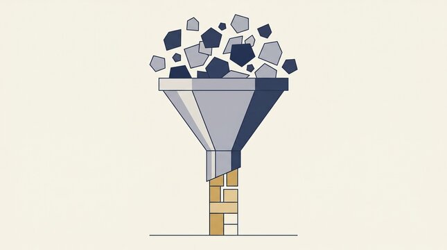Flat vector illustration of a funnel transforming unstructured polygonal shapes into neat rectangular blocks representing data processing and organization