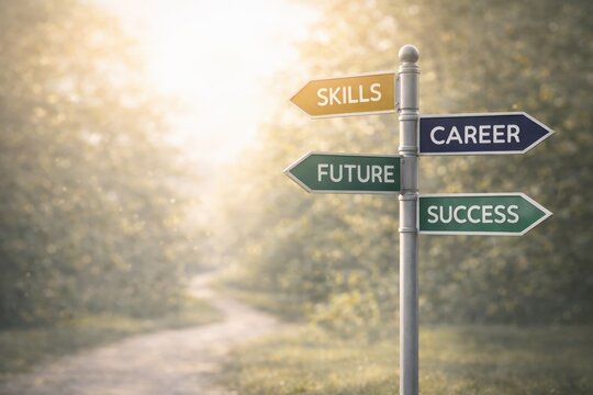 A Directional Signpost Highlighting Key Aspects of Personal Development: Skills, Career, Future, and Success on a Pathway Surrounded by Nature
