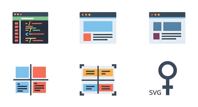 Set of flat design icons for web layout and programming including code editor website previews and structural elements for digital design projects