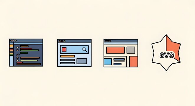 Web development icons showing browser windows with code lines search bar and layout structures alongside svg graphic symbol represent vector design tools and digital interface programming