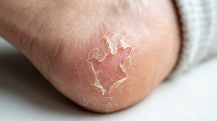 Fototapeta premium Skin peeling from friction on heel, showing dryness and irritation. Close-up of foot with cracked and flaky skin, highlighting the effects of friction and moisture loss.