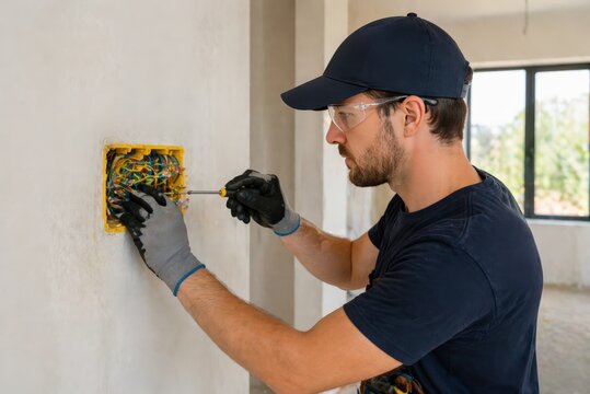 Skilled Electrician Working on Wiring in a Residential Renovation, Carefully Installing Connections with Tools in Modern Interior Setting