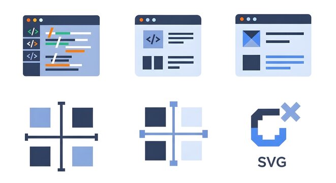 User interface and design icons showing code snippets web page layouts and layout alignment tools with SVG logo option on white background