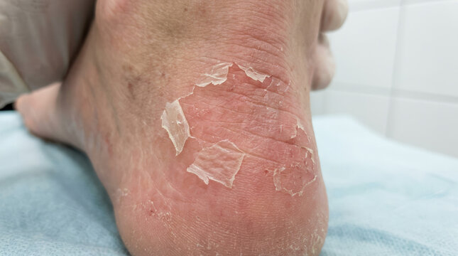 Skin peeling from friction showing healing process with clinical setting in background