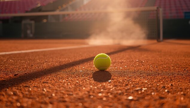Tennis Ball on Clay Court with Dust Sun AI Photo