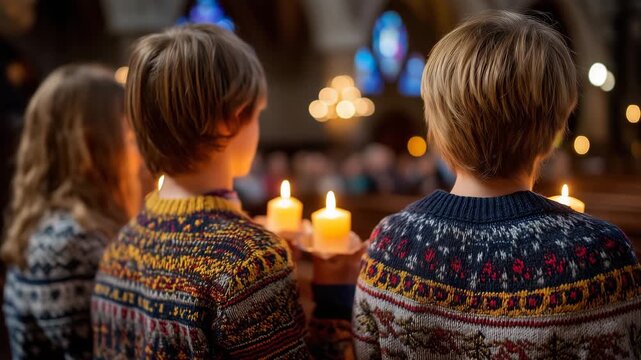 Children in festive sweaters holding unlit candles before midnight Christmas service, dark church interior with stained glass, anticipation and reverence, candlelight vigil prepara