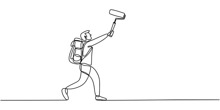 Single line of a person with a backpack holding a paint roller up single line continuous line person