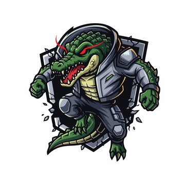 Cartoon Alligator in Space Suit Breaking Through