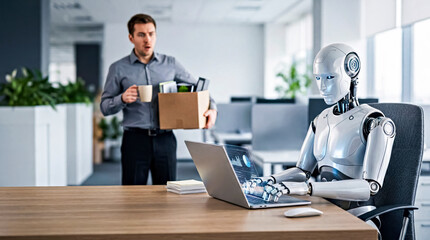 Fototapeta premium AI Robot at Desk with Laptop, Confused Human Office Worker in Blurred Background