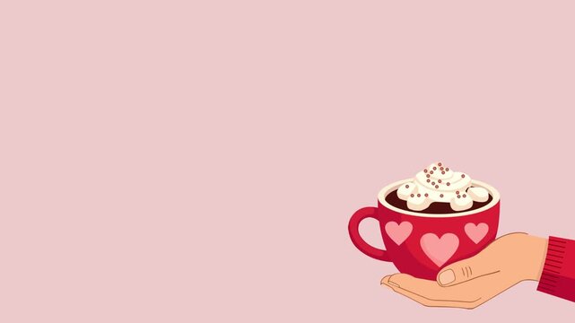 Hand Holding a Red Mug with Heart Pattern and Whipped Cream Topping