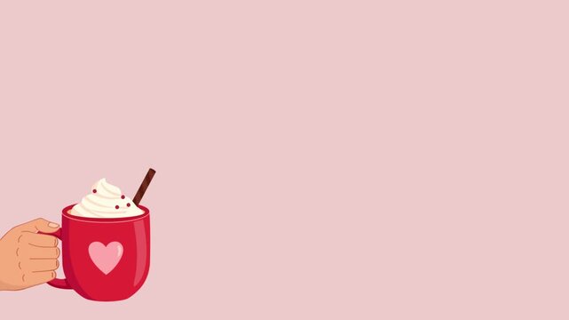 Hand Holding a Red Mug with Heart Pattern and Whipped Cream Topping