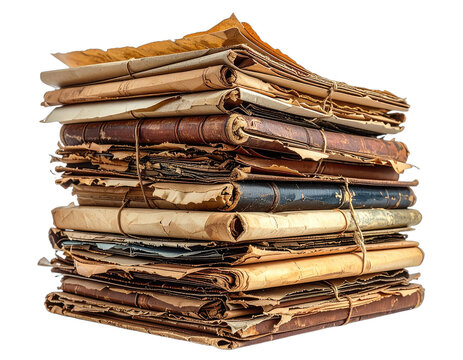 Stack of aged, worn books bound with twine, showing paper degradation