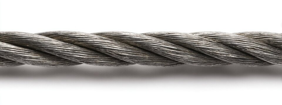 Close-up of a twisted steel cable, textured and gray, laying on a white surface