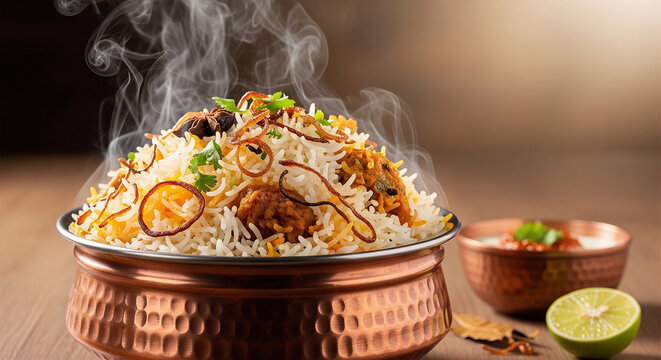 Steaming hot chicken biryani served in a traditional copper handi garnished with fresh cilantro and fried onions traditional steaming delicious appetizer restaurant
