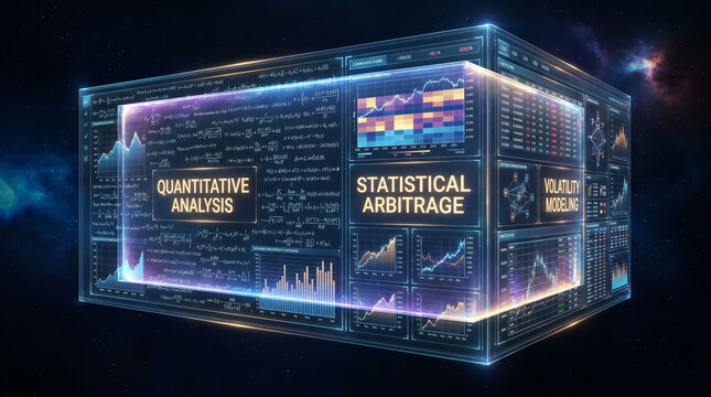Futuristic 3D Cube with Quantitative Analysis and Statistical Arbitrage Financial Data in Space