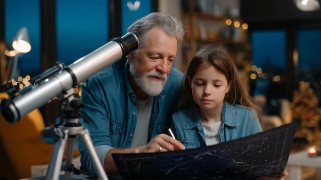 Elderly astronomer teaching young girl to identify Mars coordinates on vintage star chart in modest living room with telescope by window at dusk, perfect for intergenerational lear