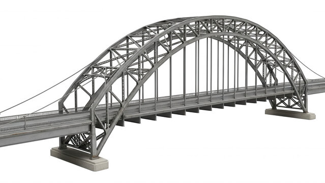 Gray steel arch bridge with road and railing, detailed structure isolated on a transparent background