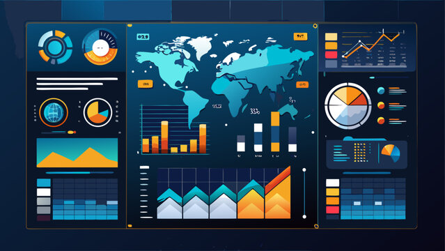 Dashboard interface with global map, charts, and graphs on dark background.