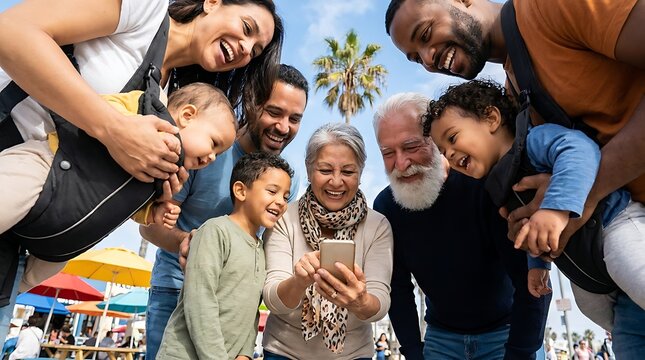 A multi-generational family looking at a phone screen and laughing happily