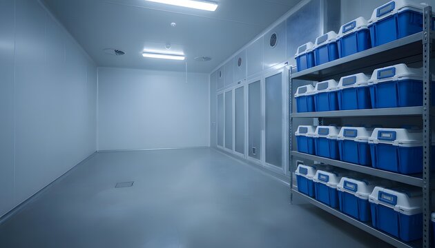 Pharmaceutical cold chain storage room with insulated medical containers organized for healthcare logistics and vaccine distribution