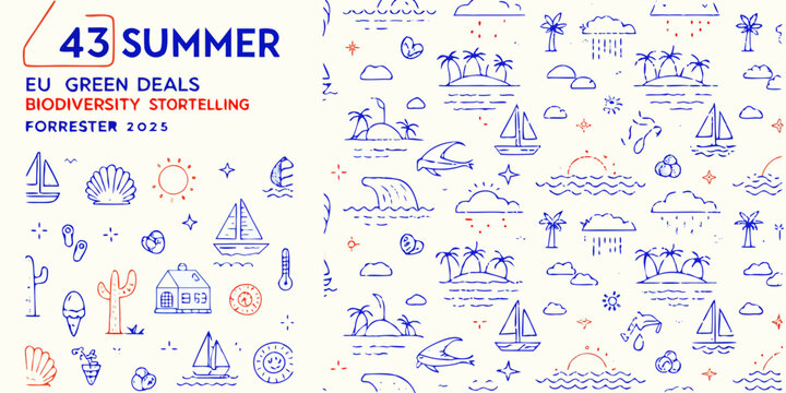 summer themed line art pattern with blue illustrations on white background high quality professional detailed
