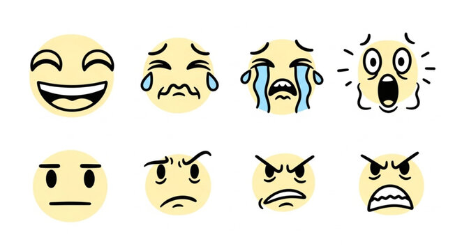 Set of eight cartoon emoji faces expressing various emotions.