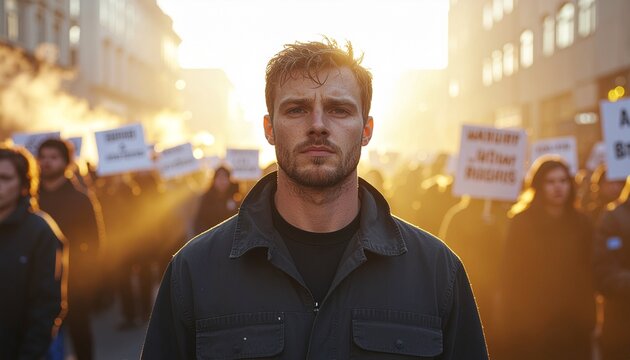 A determined man leads a protest march through city streets with workers