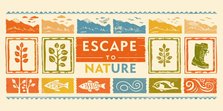 escape to nature banner with colorful mountains plants fish and boot high quality professional detailed