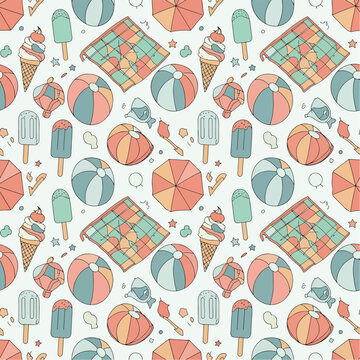 Playful summer beach pattern with ice cream, beach balls, and umbrellas in vector illustration
