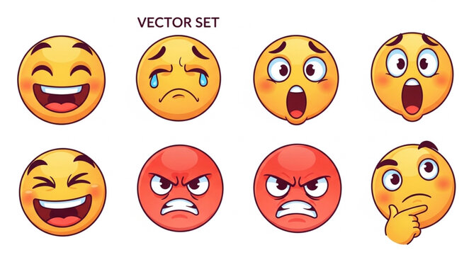 Set of eight expressive cartoon emoji faces showing various emotions.