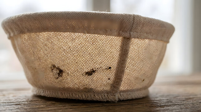 Close up of a linen proofing basket filled with bread dough for baking