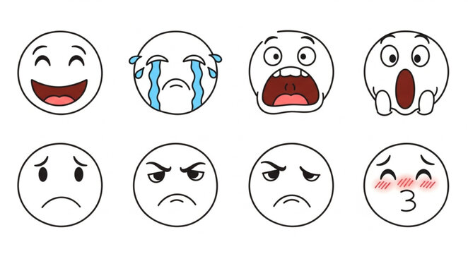 Set of eight expressive cartoon faces showing different emotions.