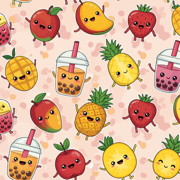 Playful seamless pattern featuring cute cartoon fruits, drinks, and delicious boba tea characters