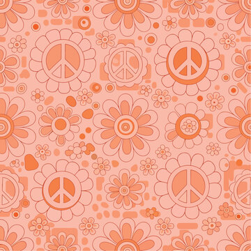 Playful retro floral pattern with peace signs and flowers in shades of orange and pink