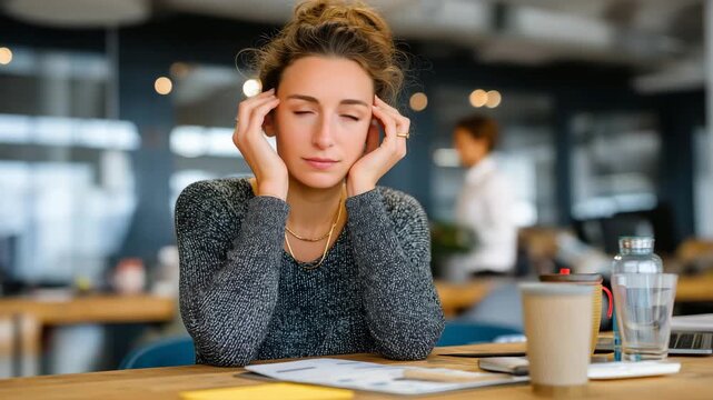 Female founder experiencing burnout moment in empty early morning coworking space, head in hands surrounded by investor pitch materials and cold coffee cups, perfect for entreprene