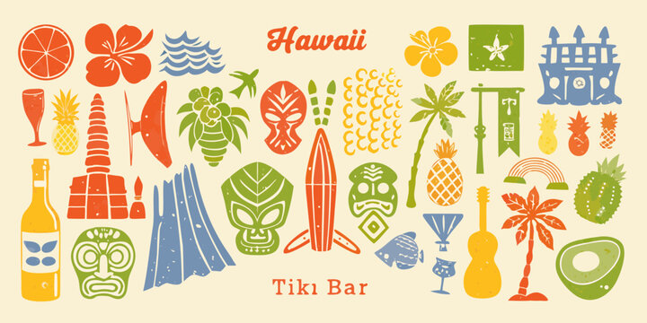 hawaiian themed icons with colorful tropical symbols and tiki bar elements high quality professional detailed