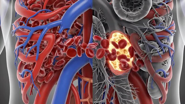 Detailed 3D Medical Illustration of Human Body Circulatory System Featuring Kidney with Pulsating Blood Flow