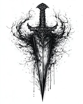 Dark fantasy cursed sword ink illustration dark energy weapon concept dark fantasy cursed sword ink illustration with chaotic shadow aura detailed monochrome engraving style dramatic gothic