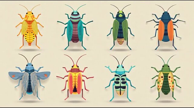 Collection of eight colorful cartoon crickets and beetles with intricate patterns and designs, presented in a flat