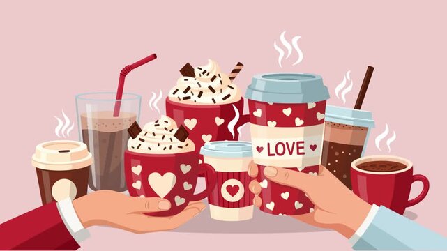 Variety of Coffee and Hot Chocolate Cups with Hearts and Love Theme