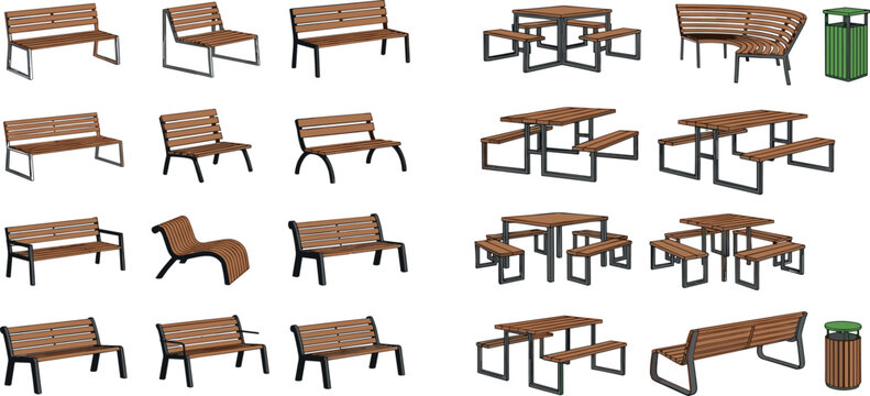 Collection of modern outdoor park furniture vector including wooden benches picnic tables and urban seating design elements set