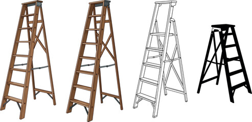 Collection of wooden and metal step ladders in different styles isolated on white background construction equipment vector illustration set © MstTanzila