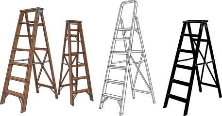 Set of wooden and metal step ladders in various sizes isolated on white background construction equipment vector illustration collection © MstTanzila