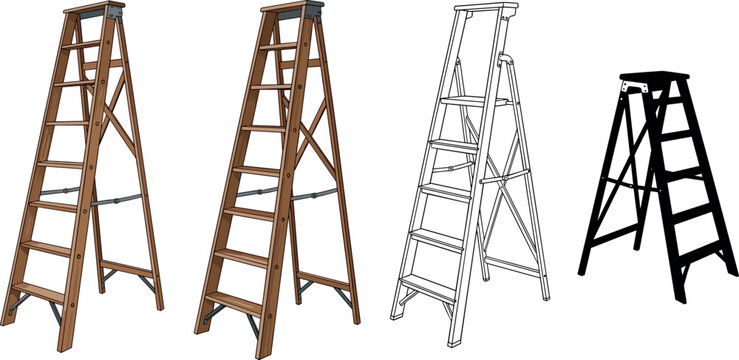 Collection of wooden and metal step ladders in different styles isolated on white background construction equipment vector illustration set
