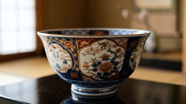 A Japanese Imari ware rice bowl displayed on a polished lacquer shelf, intricate patterns, glossy ceramic finish and softly blurred background, refined light and elegant traditional atmosphere,
