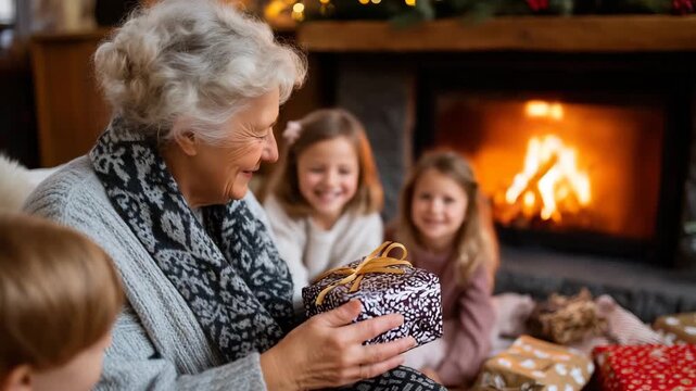 Intergenerational Christmas morning scene with grandmother opening handmade gift while grandchildren watch excitedly near glowing fireplace, cozy living room filled with holiday de