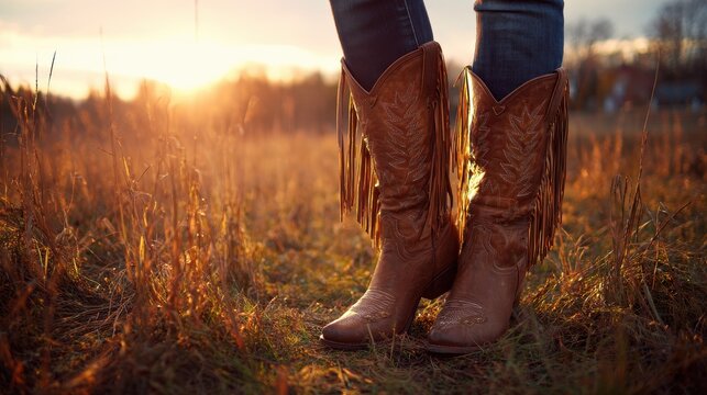 Intimate portrait of booted legs in rugged footwear on a grassy horizon at sunset