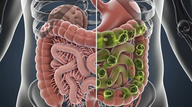 3D Medical Animation of Digestive System Showcasing Healthy and Infected Intestines with Bacteria and Immune Response