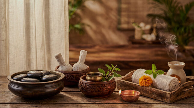 Ayurvedic Spa Setup Herbal Oils Stones Relaxation Wellness Realistic Still Life