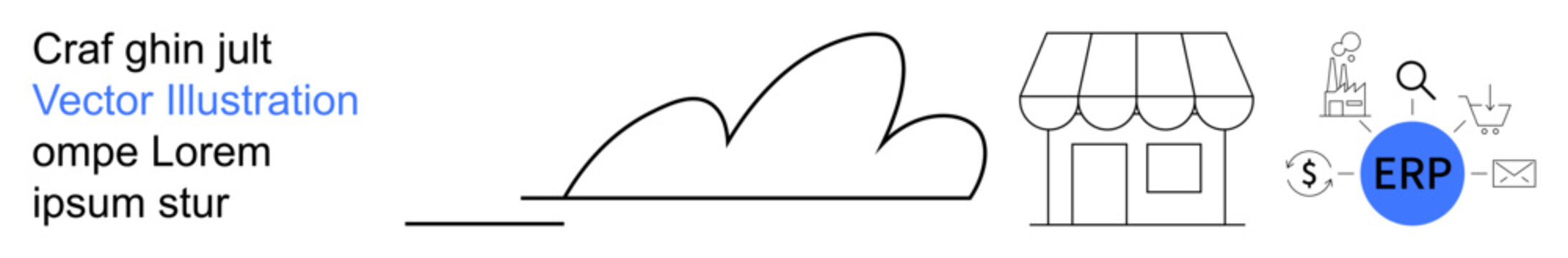 Cloud computing, business solutions, retail systems, ERP integration, digital transformation, process optimization. Minimalist icons of a cloud, storefront ERP element. Cloud computing and business